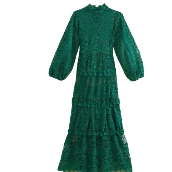 Farm Rio Dark Green Guipure Long Sleeve Maxi Dress - Picture 1 of 3